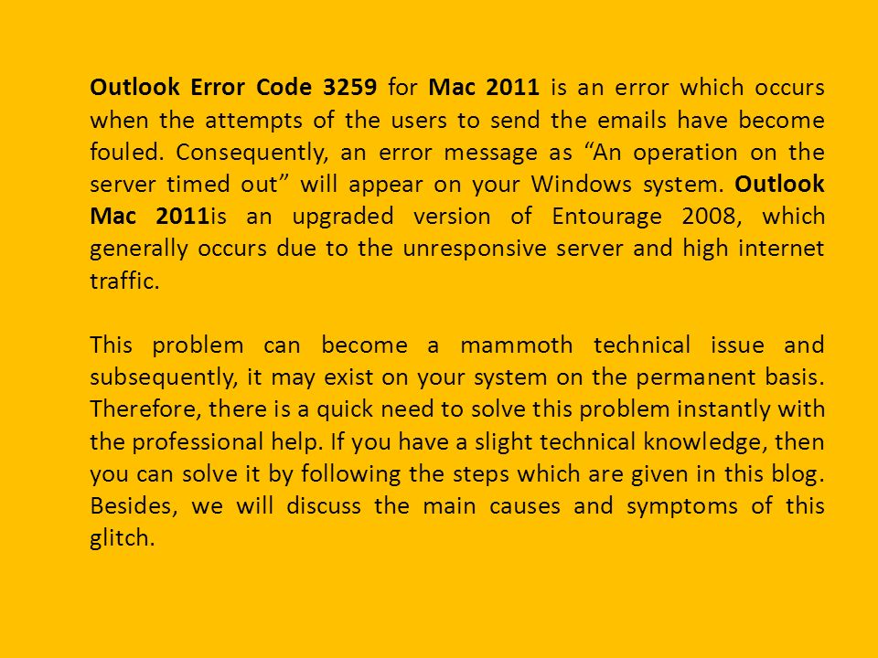 an operation on the server timed out outlook 2011 for mac
